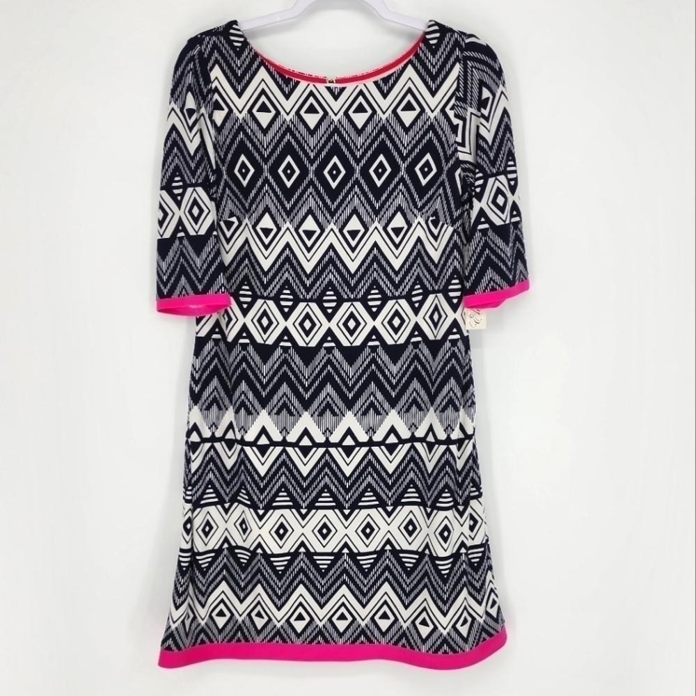 Eliza J NWT Shift Dress Geometric Back Zip Navy Blue Pink 10
